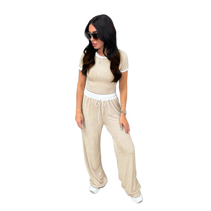 Spring Summer Round Neck Contrast Color Short-sleeved Clothing Wide Leg Pants Sports Suit