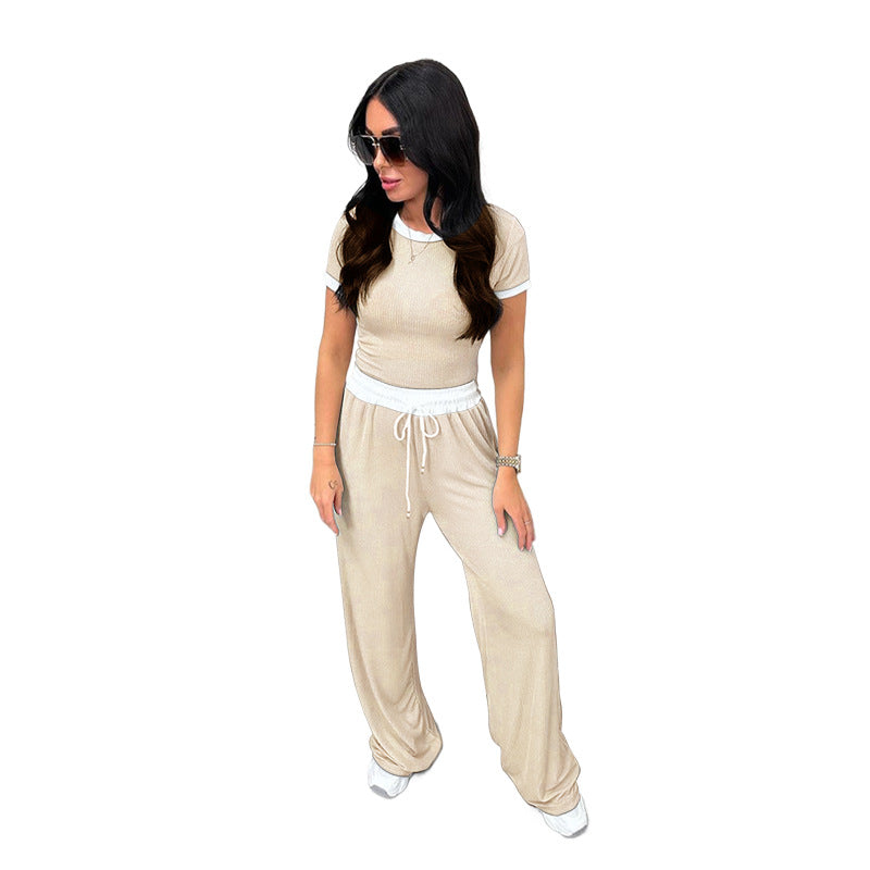 Spring Summer Round Neck Contrast Color Short-sleeved Clothing Wide Leg Pants Sports Suit