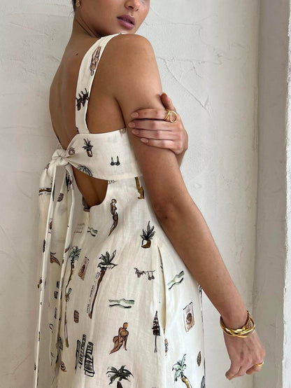 Fashionable Personalized Graffiti Suspender Backless Maxi Dress