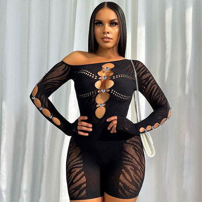 Color Diagonal Shoulder Long Sleeve Diamond Hollow Out Cutout Slim Fit Romper