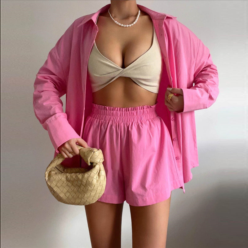 Spring Summer Two Piece Set Color Single Breasted Long Sleeve Collared Shirt Shorts Loose Set