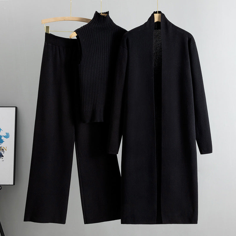 Spring Loose Knitting Suit Long Shawl Cardigan Turtleneck Vest Wide Leg Pants Three Piece Set
