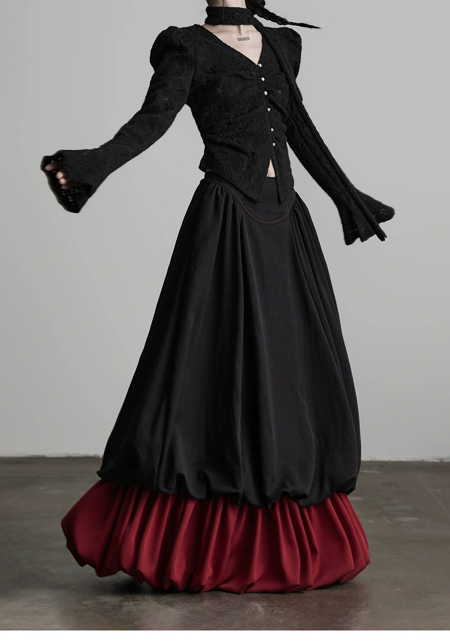 Black Patchwork Faux Two-piece A-line Skirt