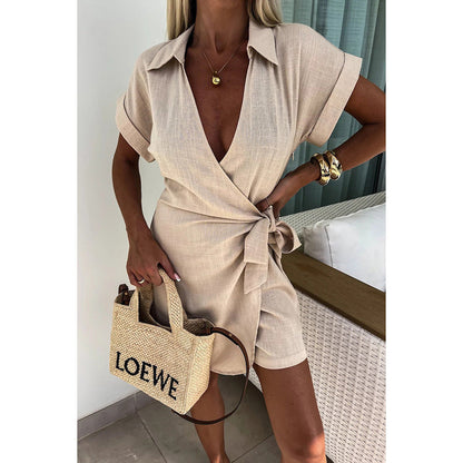 Spring Summer Lace Up Turn Down Collar Jumpsuit Loose Vacation Jumpsuit