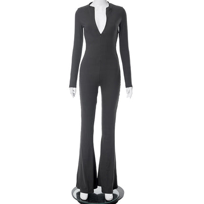 Autumn Winter Long Sleeve Flared Pants Slim Jumpsuit