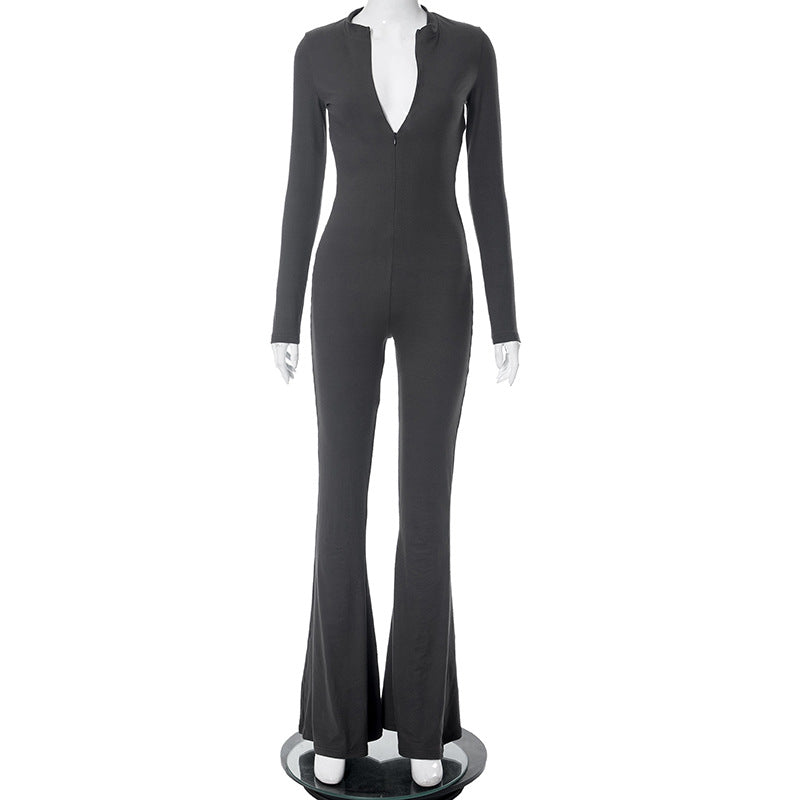 Autumn Winter Long Sleeve Flared Pants Slim Jumpsuit
