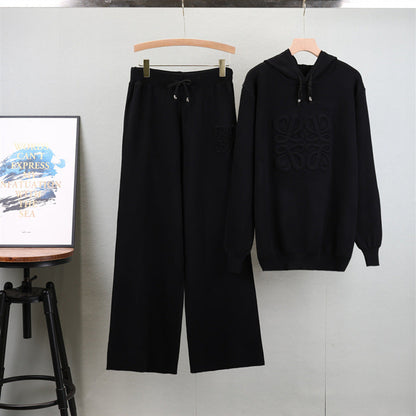 Suit Western Russian Hooded Cored Yarn Sweater Wide Leg Pants Knitted Two Piece