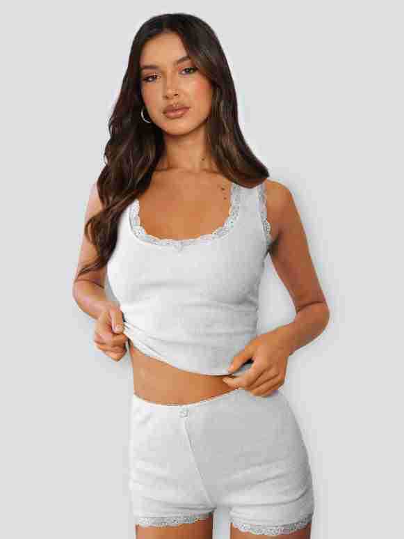 Lace Stitching Home Two Piece Slim Fit Sling High Waist Shorts Multi Color Suit