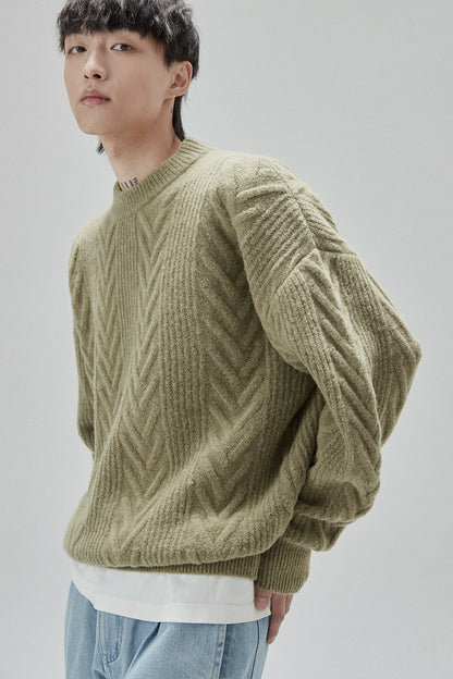 Cream Cable Knit Sweater With Chevron Pattern