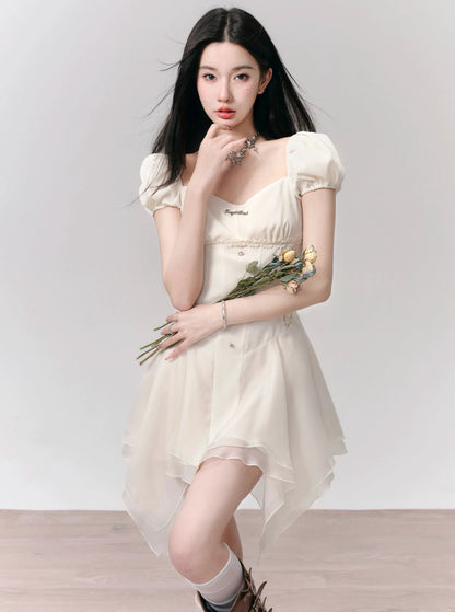 Romantic White Puff Sleeve Mini Dress - Corset-style Bodice With Handkerchief Hem
