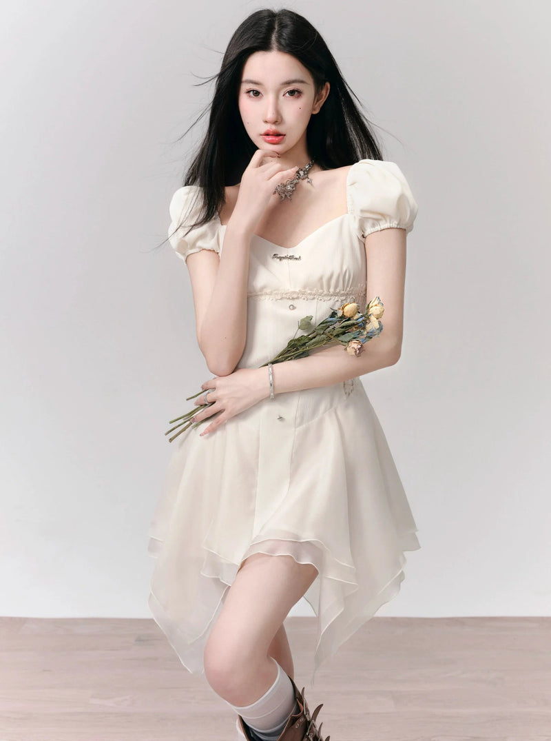 Romantic White Puff Sleeve Mini Dress - Corset-style Bodice With Handkerchief Hem