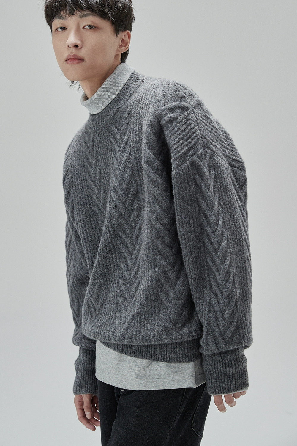 Cream Cable Knit Sweater With Chevron Pattern