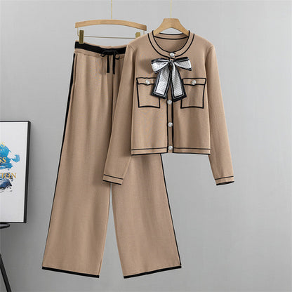 Khaki - Knitted Cardigan Two Piece Set
