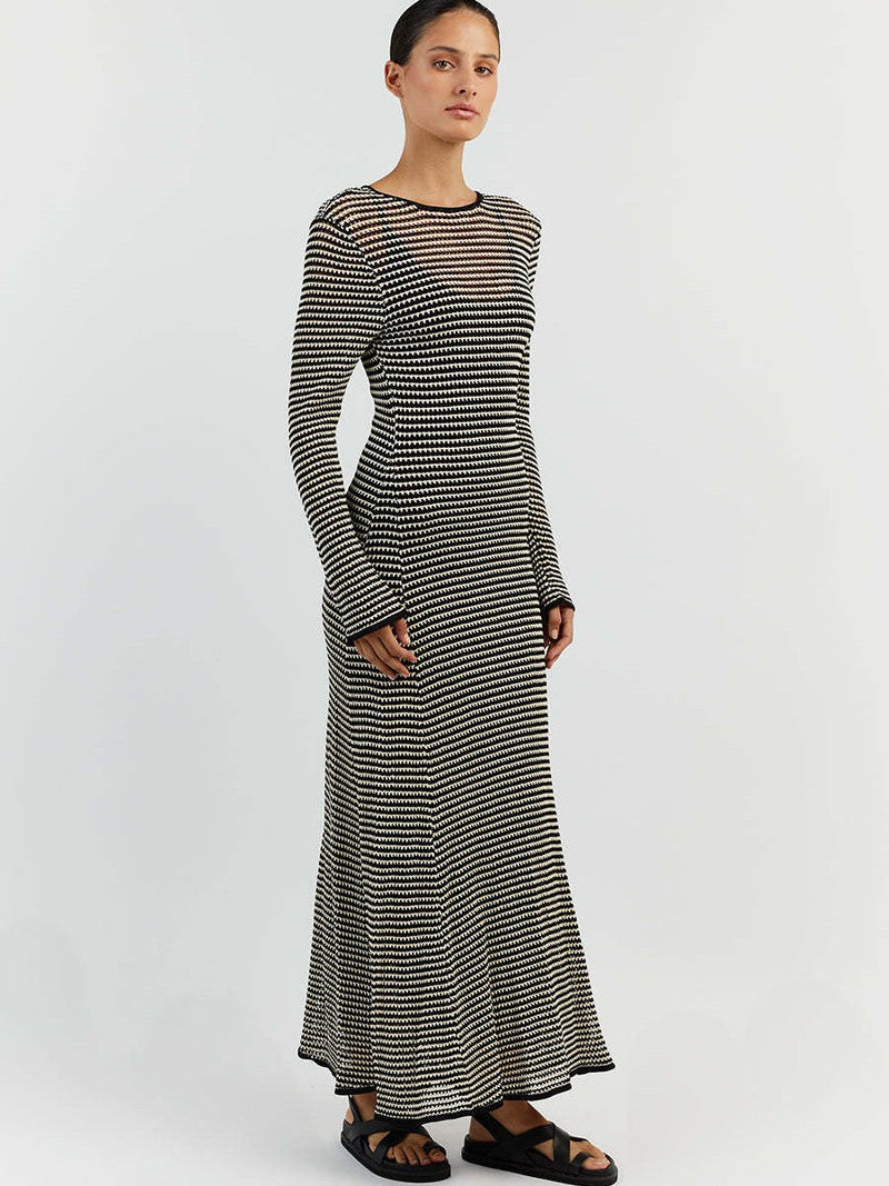 Mesh Striped Beach Vacation Knitted Hollow Outmaxi Dress