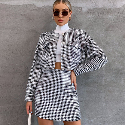 Short Set Long-sleeved Single-breasted Top High Waist Hip-wrapped Skirt Sports Two-piece Set