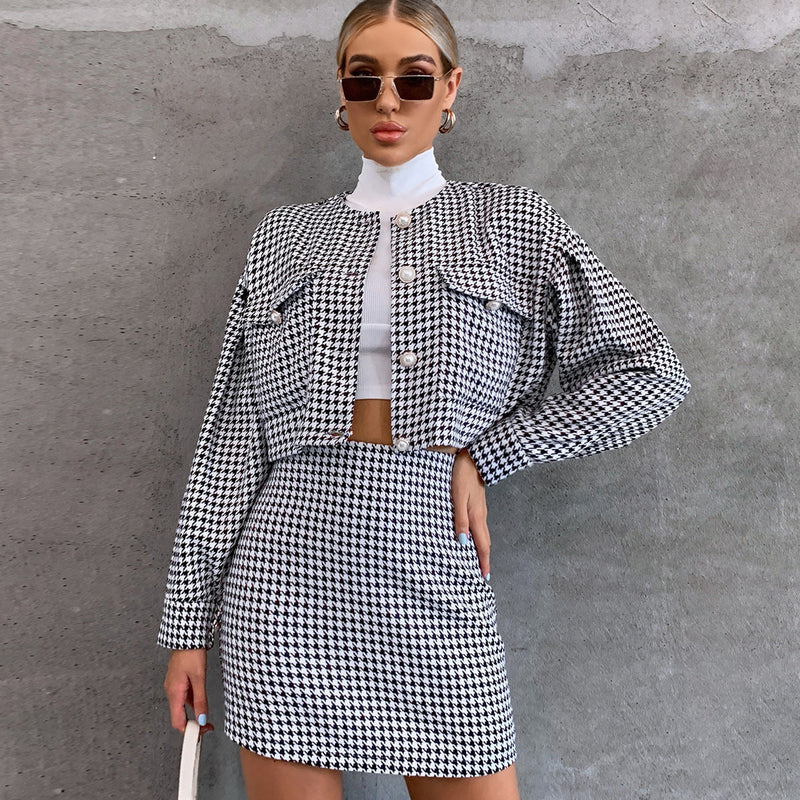 Short Set Long-sleeved Single-breasted Top High Waist Hip-wrapped Skirt Sports Two-piece Set