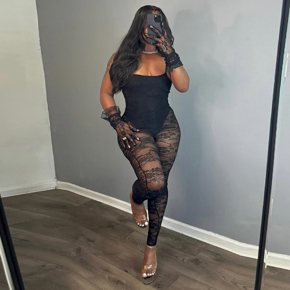 Fall Clothing Sling Stitching Sheer Cutout High Elasticity Jumpsuit