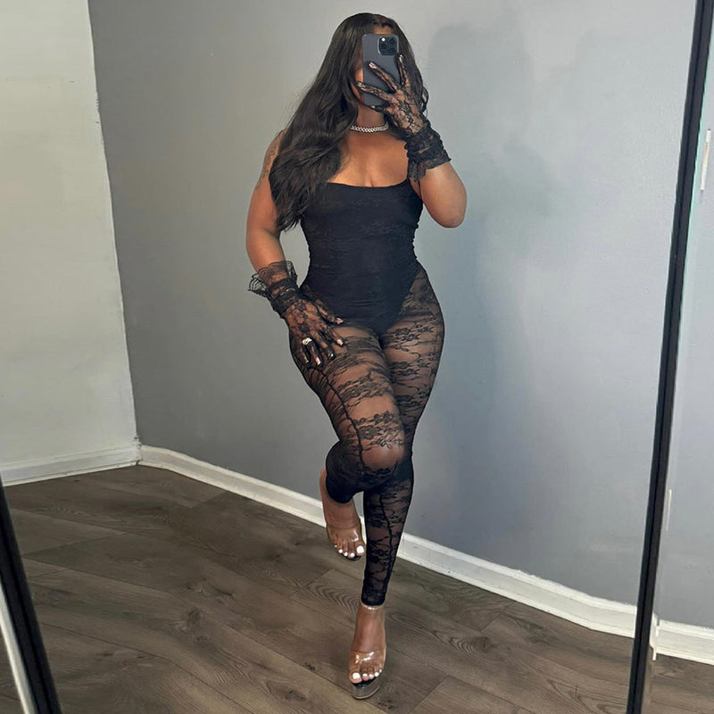 Fall Clothing Sling Stitching Sheer Cutout High Elasticity Jumpsuit