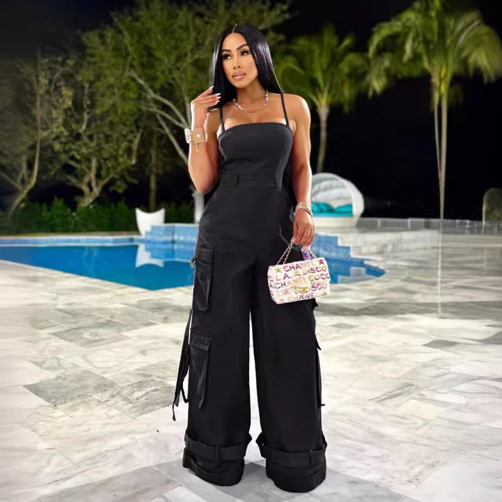 Clothing Tube Top Multi Pocket Workwear Jumpsuit Wide Leg Jumpsuit