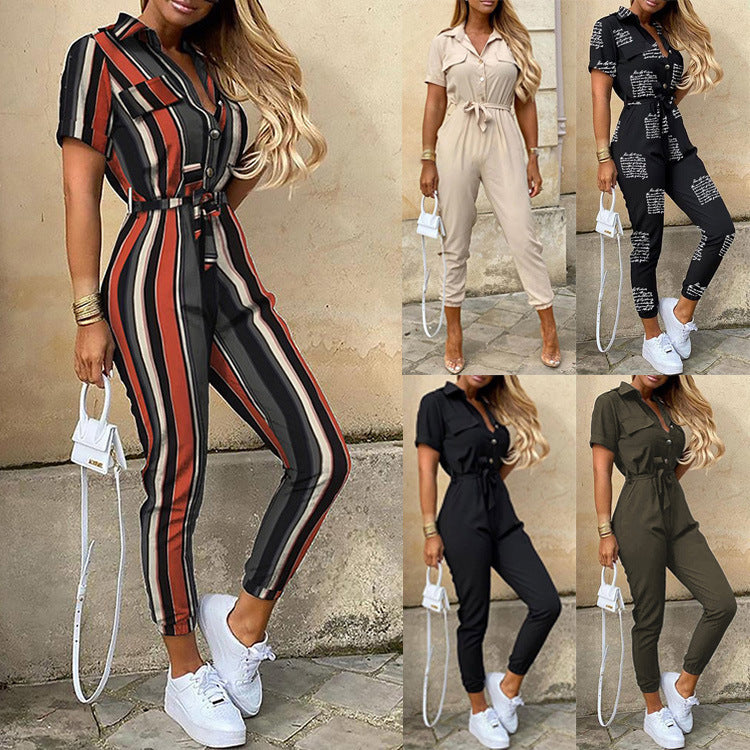 Clothing Trousers Collared Button Printed Belt Cargo Overalls