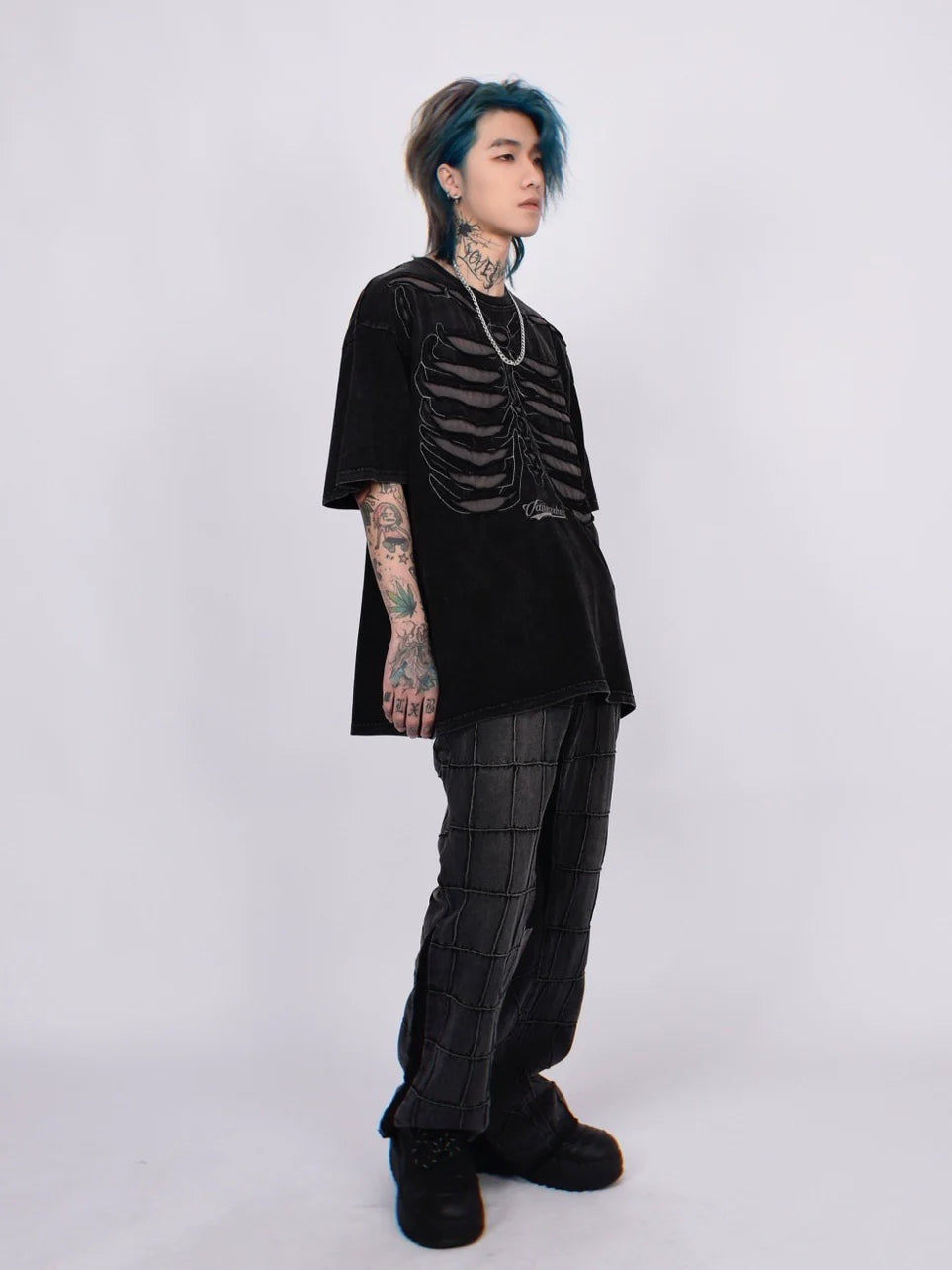 Skeleton Ribcage Mesh Cutout Oversized T-shirt