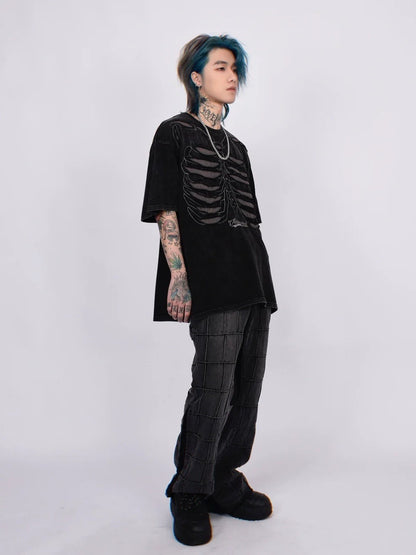 Skeleton Ribcage Mesh Cutout Oversized T-shirt