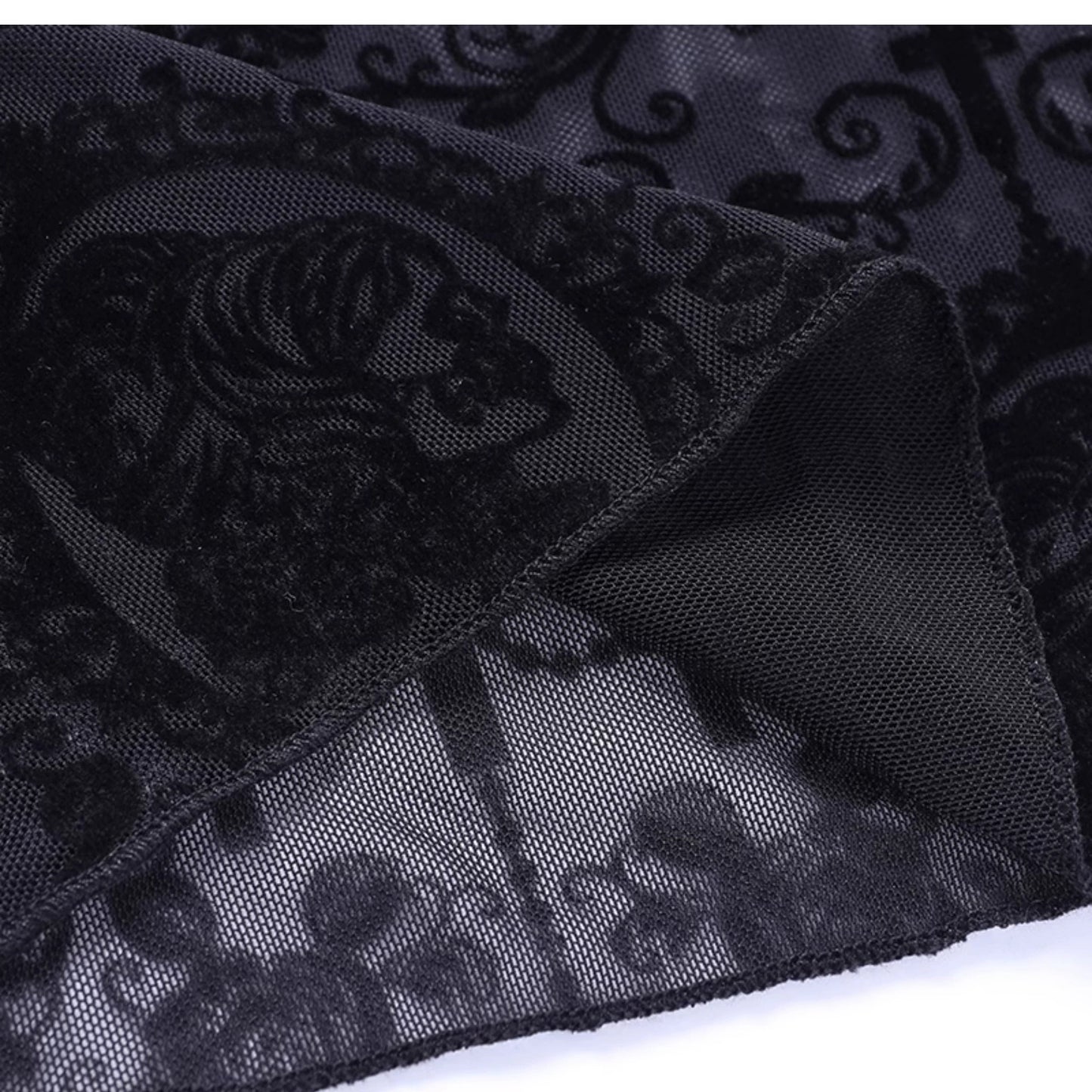 Wannathis Gothic Lace Ensemble - Black Sheer Flared Pants, Brocade Camisole, and Bell Sleeve Bolero