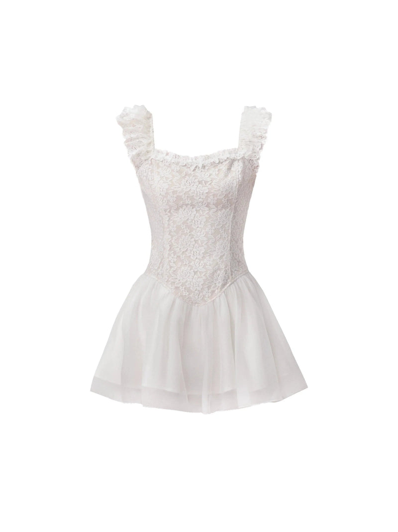 Lace Bodice Tulle Skirt Mini Dress With Ruffle Straps