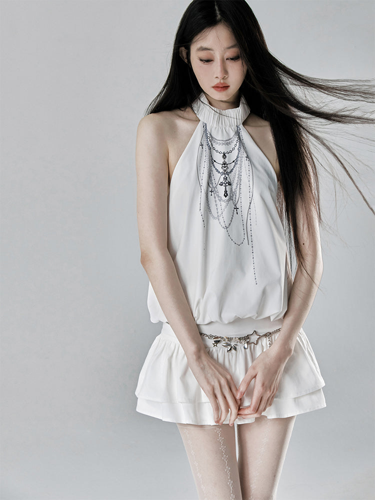 Ethereal Cascade Halter Dress and Shorts Set