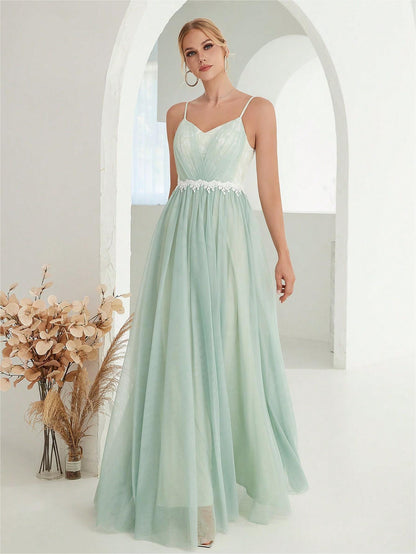 Suspender Evening Dress Mesh Cross Fold Lace Contrast Color Maxi Dress Summer