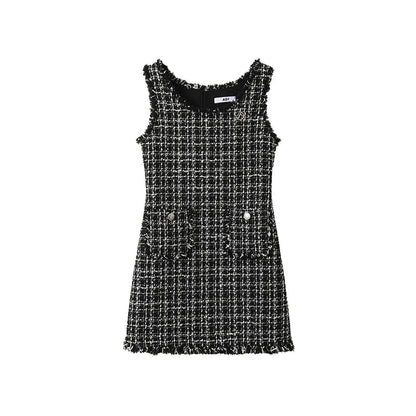 Tweed Sleeveless Mini Dress: Frayed Edge Shift Dress With Front Pockets