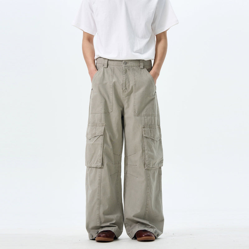 Wide Leg Cargo Pants in Beige & Black