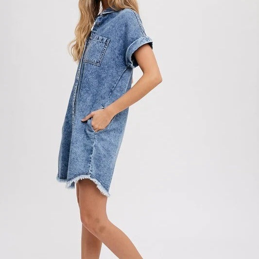 Spring Summer Loose Cardigan Denim Short Sleeve Dress