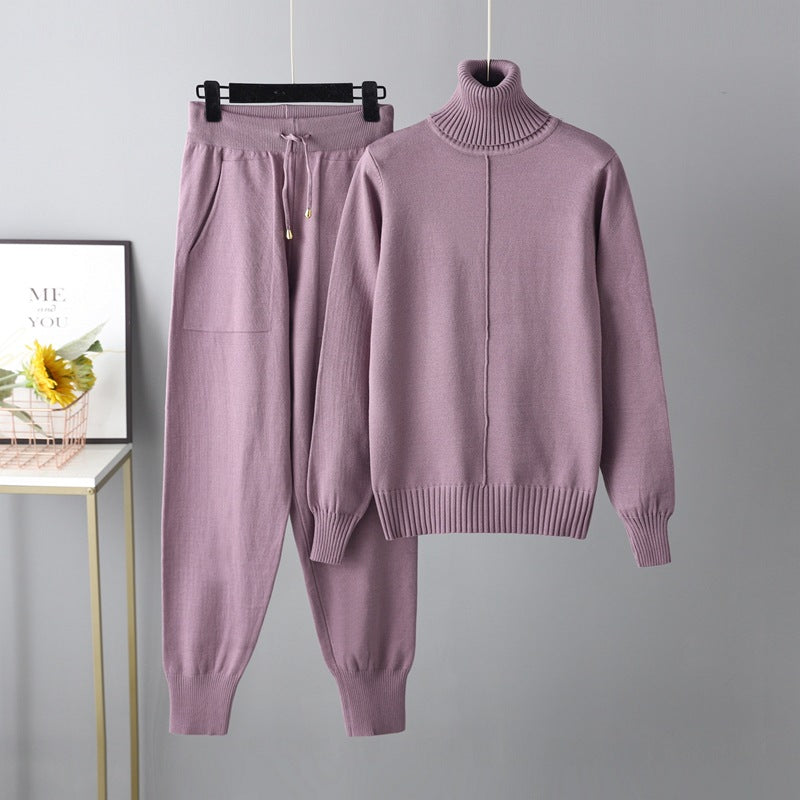 Set Autumn Winter Turtleneck Color Sweaters Two Piece Set