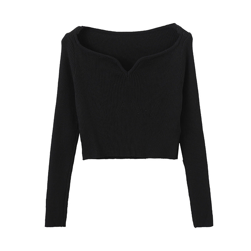 Petal Collar Short Sweater for Autumn Slim Fit Collarbone Bottoming Shirt