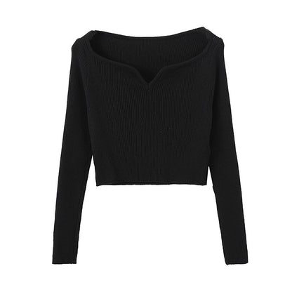 Petal Collar Short Sweater for Autumn Slim Fit Collarbone Bottoming Shirt