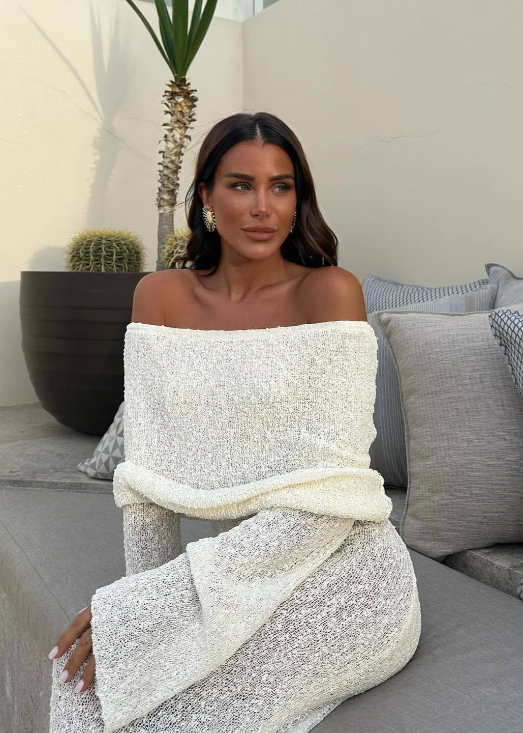 Lumière - Off-shoulder Shimmer Knit Maxi Dress