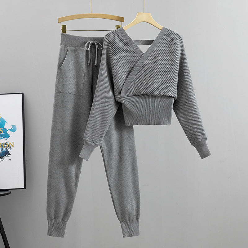 Socialite Outfit Autumn Short Shoulder Baring Sweater Top Ankle Tied Trousers Two Piece Set