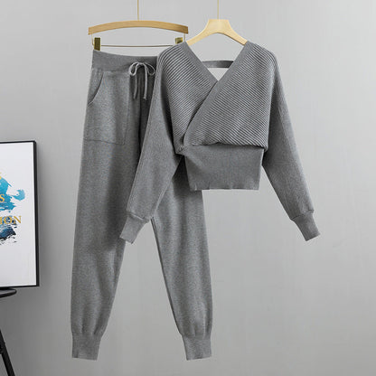 Socialite Outfit Autumn Short Shoulder Baring Sweater Top Ankle Tied Trousers Two Piece Set