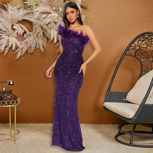 Black Paillette Feather Stitching Sequin Evening Dress Maxi Dress for