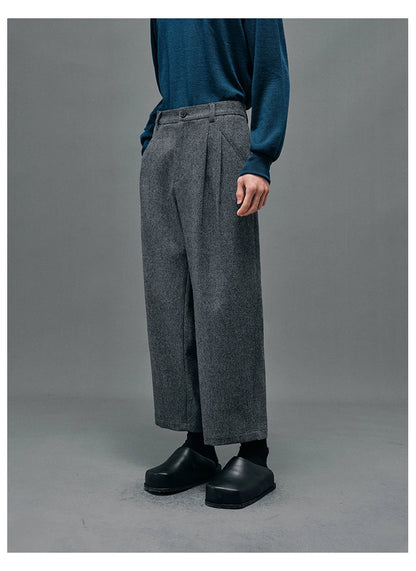 Double-pleated Semi-elastic Waist Cropped Pants