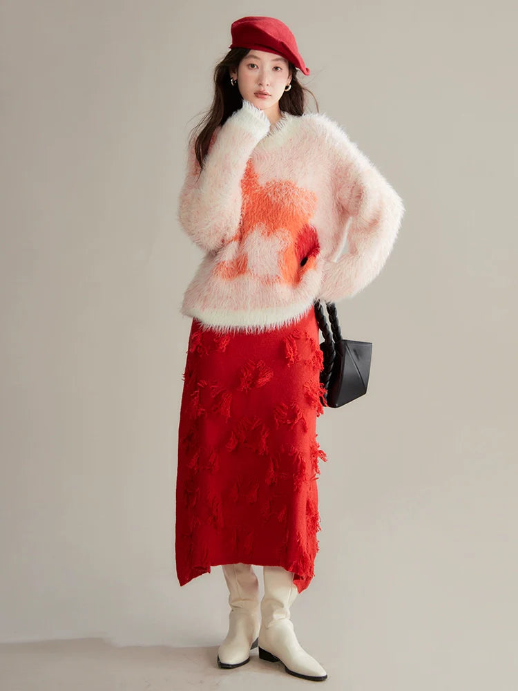 Red Distressed Midi Skirt With Frayed Texture