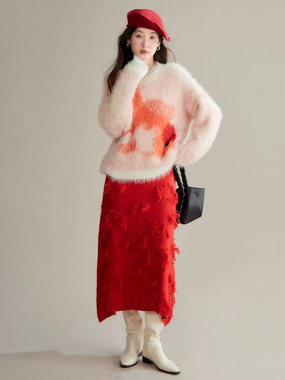 Red Distressed Midi Skirt With Frayed Texture