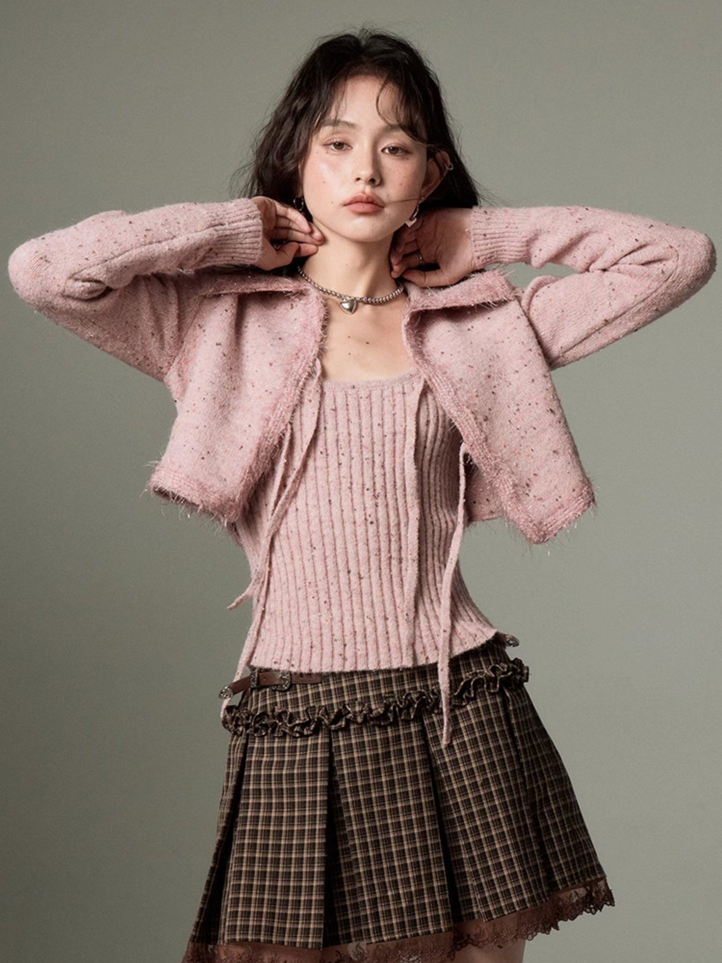 Cropped Knitted Cardigan & Camisole Set With Big Collar