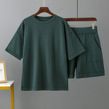Color Round Neck Short Sleeve T Shirt Shorts Set Summer Loose Outer Wear Ice Silk Two Piece Suit