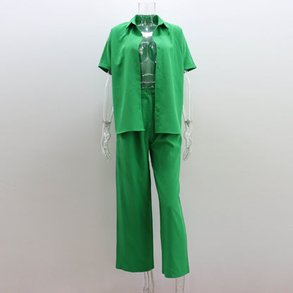 Wide Leg Pants Suit Spring Summer Loose Sleeve Shirt Top Trousers Two Piece Clothing