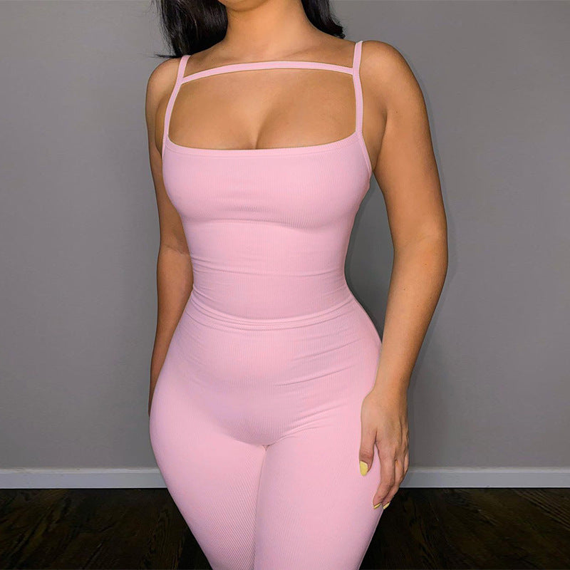 Clothing Summer Slim Bottoming Sunken Stripe Suspender Jumpsuit