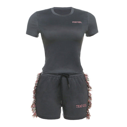 Spring Summer Slim Fit Short Embroidered Top High Waist Color Shorts Set