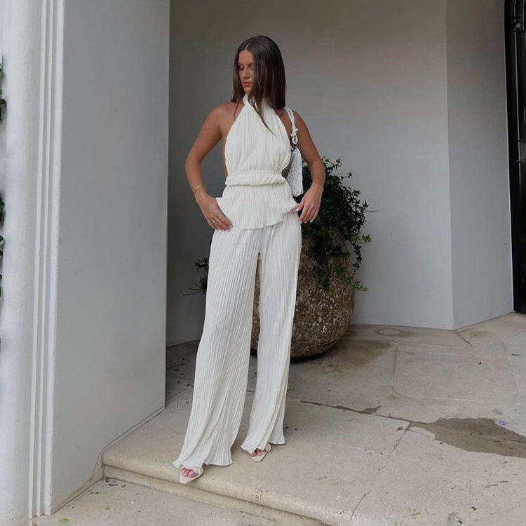 Halter Backless Sleeveless Vest White Pleated High Waist Wide Leg Pants Suit for Textured