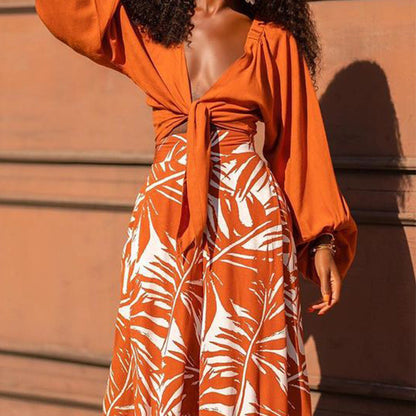 Autumn Arrival Printed Pants V Neck Top Long Sleeve Two Piece Set